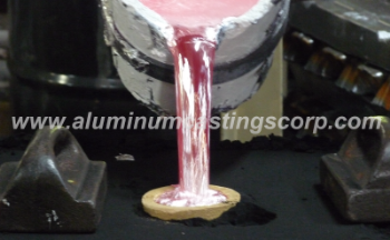 Pouring A356 aluminum alloy into sand casting mold